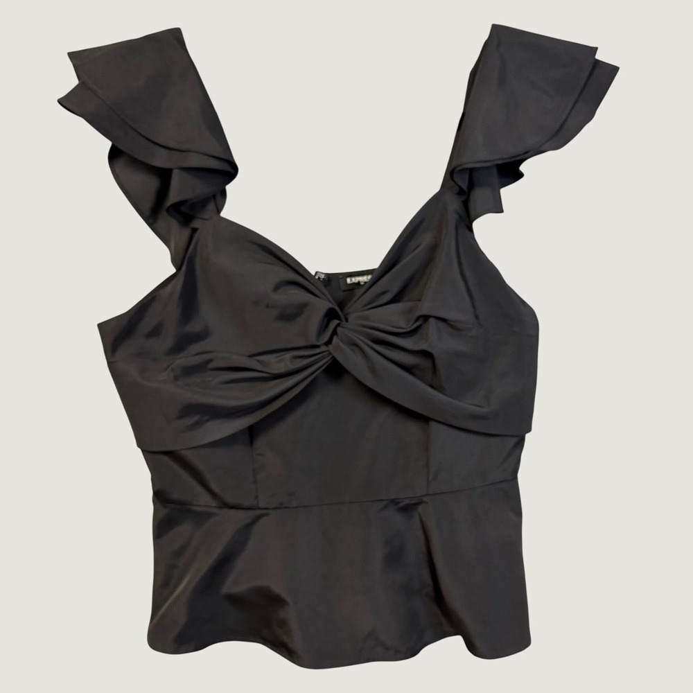 Express Womens Black Ruffle Shoulder Knot Front Peplum Top Blouse Medium